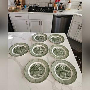 The Old Curiosity Shop Dinner Plates Green White Set Of 7 Vintage USA Farmhouse